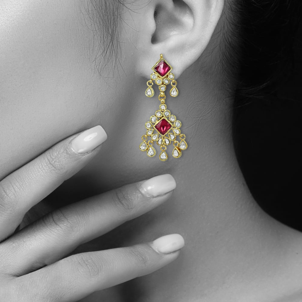 Ruby Square Chandelier Earrings with Polki Diamonds